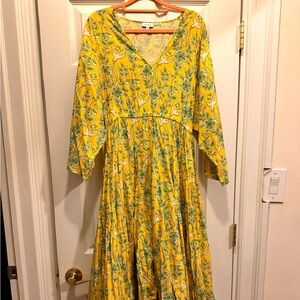 Rhode resort Emily Cotton Midi dress Oversized Size S Yellow Floral Bird Godet